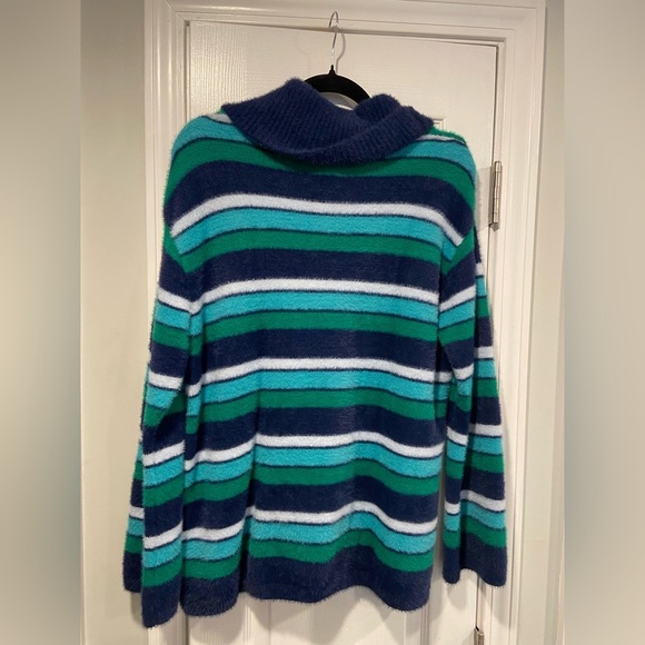 Lands End Size M Blue Stripe Fuzzy Cowl Neck Long Sleeve Pullover Sweater - Picture 10 of 11